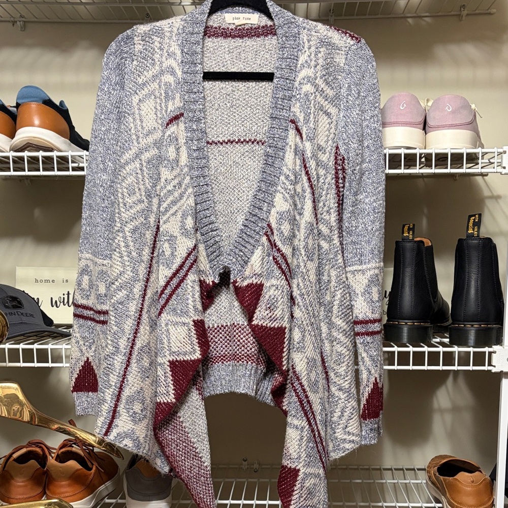 Women's Gray and Burgundy Open Front Sweater